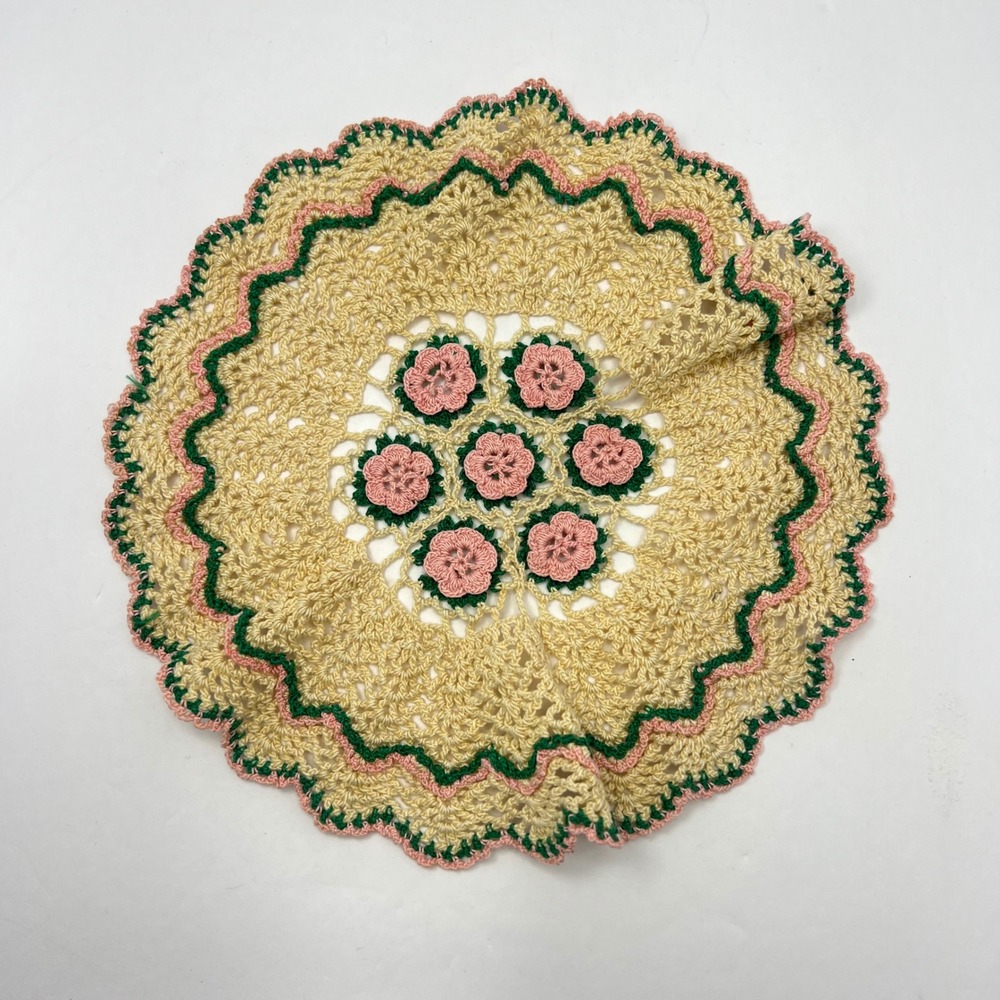 Vintage Handmade Crochet Doily 8" Beige Pink Floral Scalloped Grandma Cottage